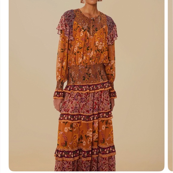 FARM RIO colorful birds camel smocked maxi dress NWT